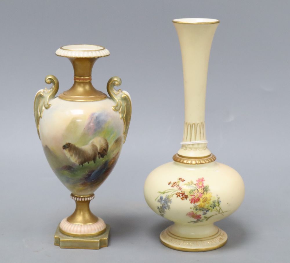 A Royal Worcester two-handled pedestal vase painted with sheep, signed E. Barker, and another vase, tallest 19.5cm (a.f.)